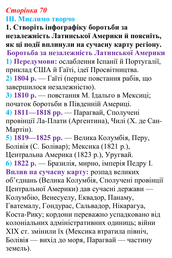Сторінка 70, завдання III.1 Відповідь до завдання III.1 § 52 (с. 70) з інтегрованого курсу історії для 9 класу, Щупак 2026 ч.2: Країни Латинської Америки