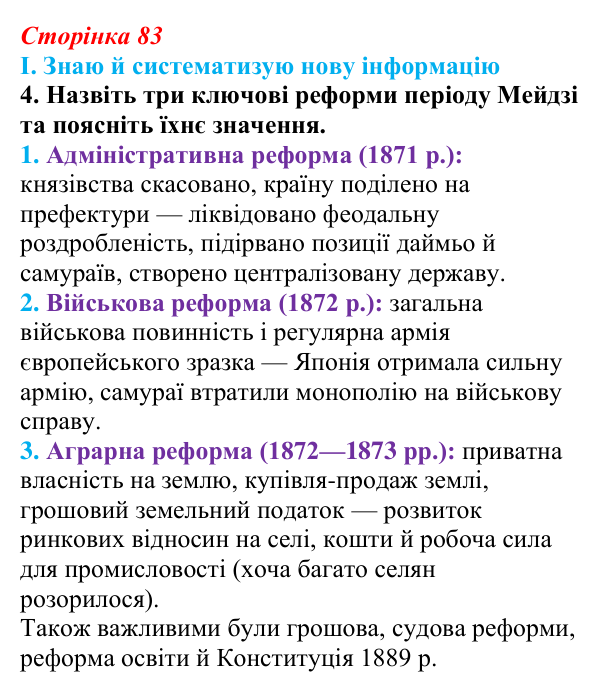 Сторінка 83, завдання I.4 Відповідь до завдання I.4 § 53 (с. 83) з інтегрованого курсу історії для 9 класу, Щупак 2026 ч.2: Японія — європейська...