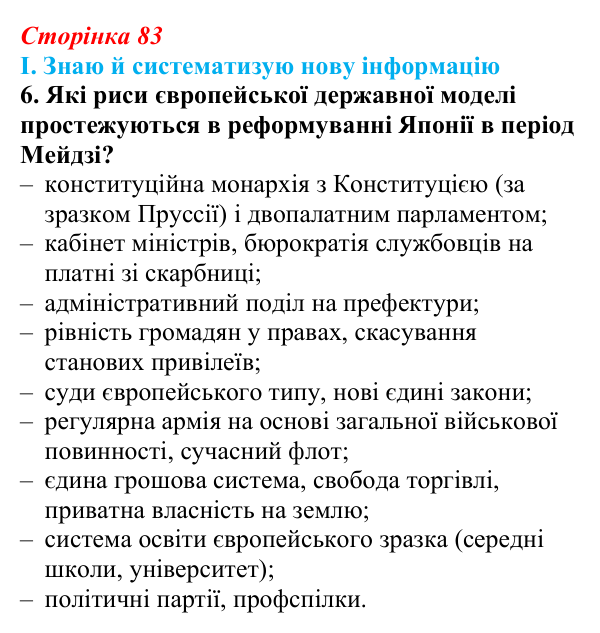 Сторінка 83, завдання I.6 Відповідь до завдання I.6 § 53 (с. 83) з інтегрованого курсу історії для 9 класу, Щупак 2026 ч.2: Японія — європейська...