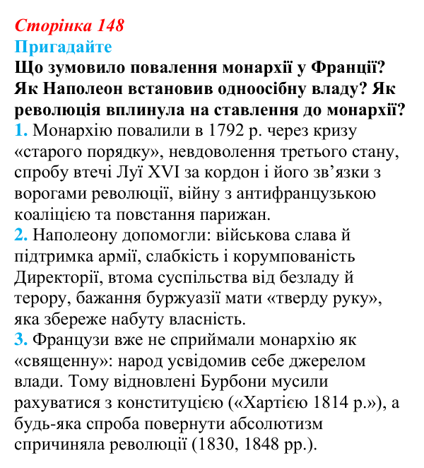 Відповідь до питання 1 на с. 148 (§ 27) з інтегрованого курсу історії для 9 класу, Щупак 2026: Франція — між монархією...