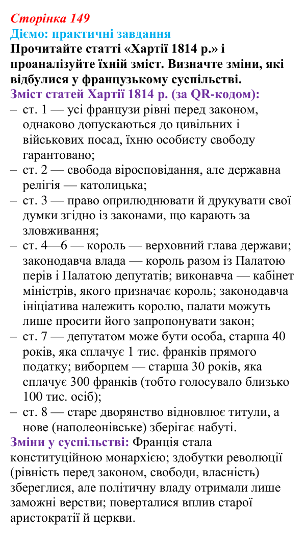 Відповідь до питання 1 на с. 149 (§ 27) з інтегрованого курсу історії для 9 класу, Щупак 2026: Франція — між монархією...