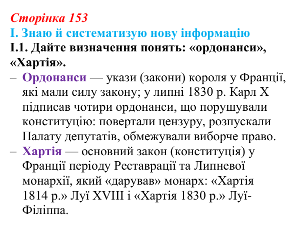 Відповідь до завдання I.1 § 27 (с. 153) з інтегрованого курсу історії для 9 класу, Щупак 2026: Франція — між монархією...