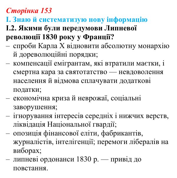Відповідь до завдання I.2 § 27 (с. 153) з інтегрованого курсу історії для 9 класу, Щупак 2026: Франція — між монархією...