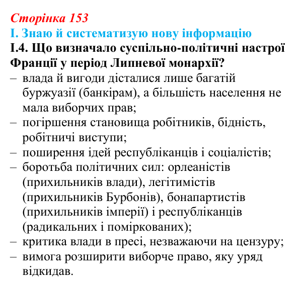Відповідь до завдання I.4 § 27 (с. 153) з інтегрованого курсу історії для 9 класу, Щупак 2026: Франція — між монархією...
