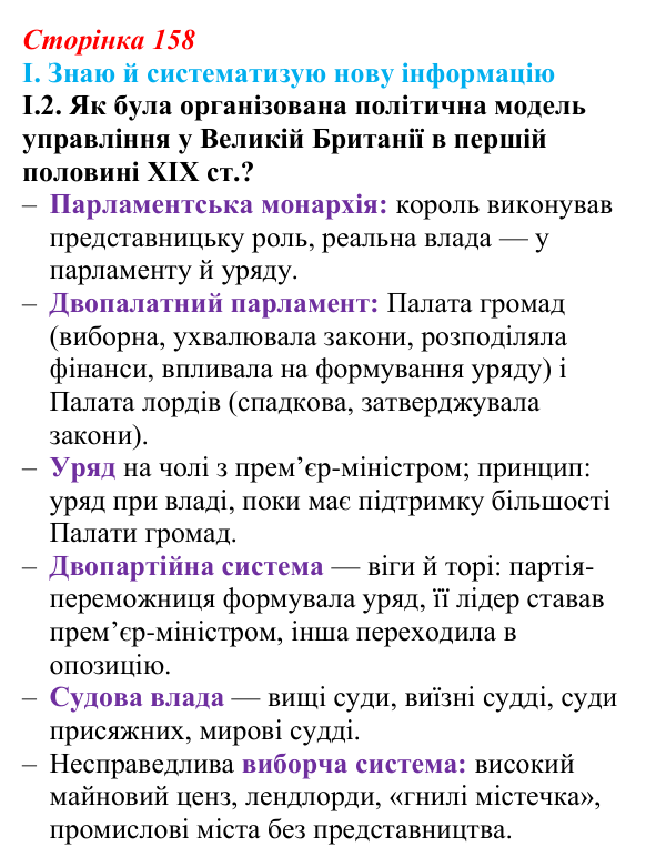 Відповідь до завдання I.2 § 28 (с. 158) з інтегрованого курсу історії для 9 класу, Щупак 2026: Британський парламентаризм
