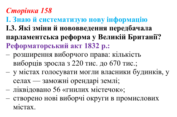 Відповідь до завдання I.3 § 28 (с. 158) з інтегрованого курсу історії для 9 класу, Щупак 2026: Британський парламентаризм