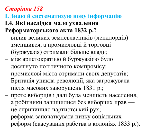 Відповідь до завдання I.4 § 28 (с. 158) з інтегрованого курсу історії для 9 класу, Щупак 2026: Британський парламентаризм
