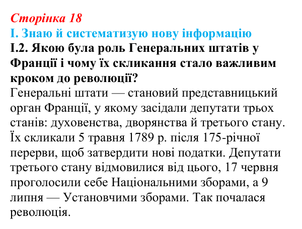 Відповідь до завдання I.2 § 2 (с. 18) з інтегрованого курсу історії для 9 класу, Щупак 2026: Початок Французької...