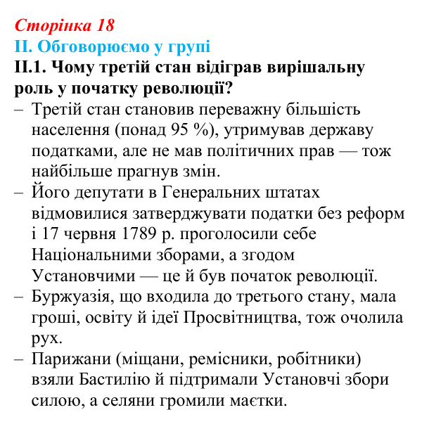 Відповідь до завдання II.1 § 2 (с. 18) з інтегрованого курсу історії для 9 класу, Щупак 2026: Початок Французької...