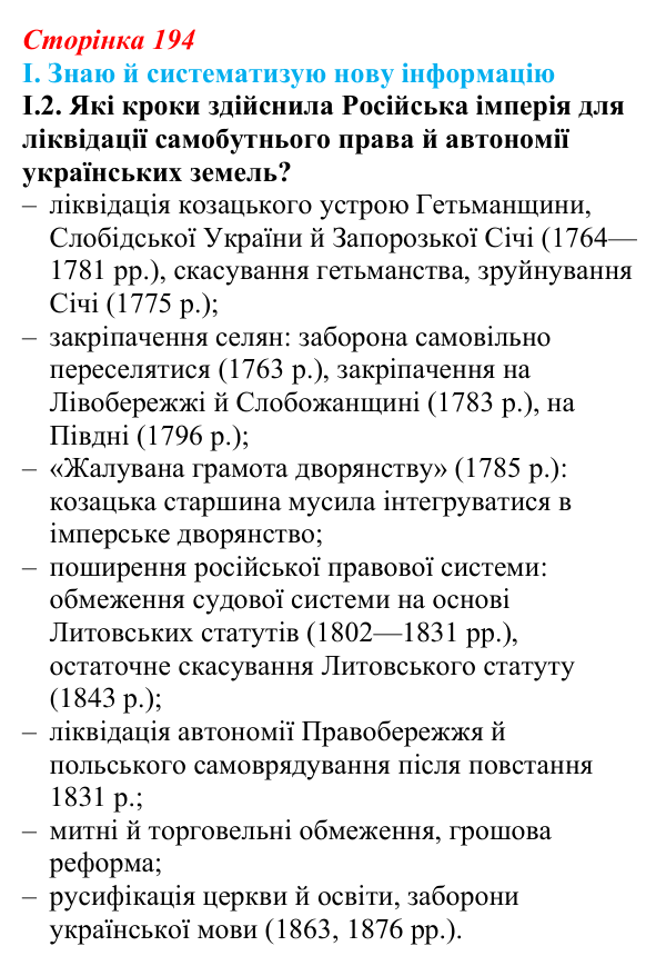 Відповідь до завдання I.2 § 33 (с. 194) з інтегрованого курсу історії для 9 класу, Щупак 2026: Політико-правове становище...