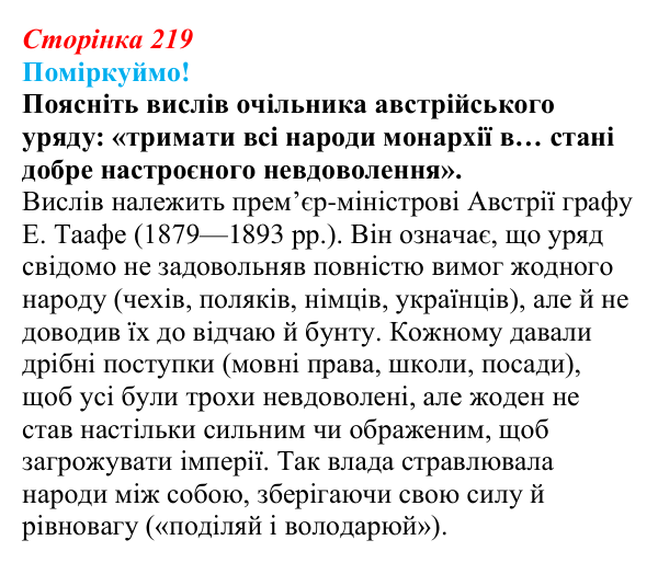 Відповідь до питання 2 на с. 219 (§ 39) з інтегрованого курсу історії для 9 класу, Щупак 2026: Австро-Угорщина — «мозаїчна...