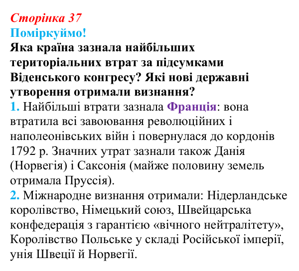 Відповідь до питання 2 на с. 37 (§ 6) з інтегрованого курсу історії для 9 класу, Щупак 2026: Віденський конгрес та його...