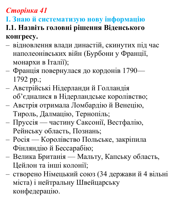 Відповідь до завдання I.1 § 6 (с. 41) з інтегрованого курсу історії для 9 класу, Щупак 2026: Віденський конгрес та його...