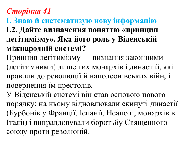 Відповідь до завдання I.2 § 6 (с. 41) з інтегрованого курсу історії для 9 класу, Щупак 2026: Віденський конгрес та його...