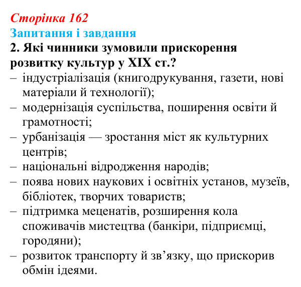 Сторінка 162, завдання 2 Відповідь до завдання 2 (с. 162, § 46–47) з історії: Україна і світ для 9 класу, Васильків 2026 ч.2: Національні культури...