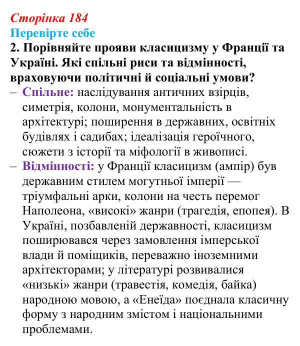 Сторінка 184, перевірте себе, завдання 2 Відповідь до завдання 2 «Перевірте себе» (с. 184, § 48) з історії: Україна і світ для 9 класу, Васильків 2026 ч.2...