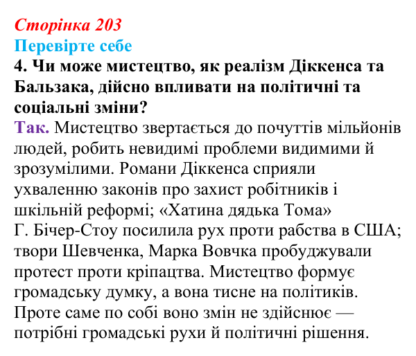 Сторінка 203, перевірте себе, завдання 4 Відповідь до завдання 4 «Перевірте себе» (с. 203, § 49) з історії: Україна і світ для 9 класу, Васильків 2026 ч.2: Реалізм...