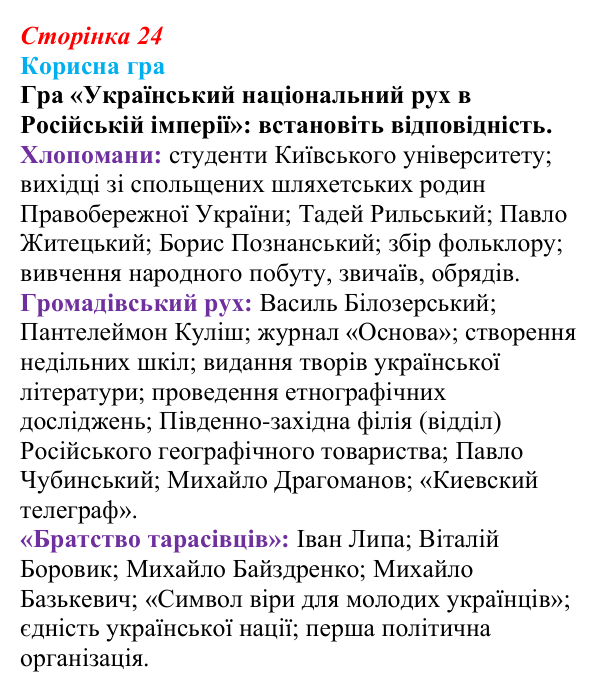 Відповідь до рубрики «Корисна гра» (с. 24, § 31) з історії: Україна і світ для 9 класу, Васильків 2026 ч.2: Українці...