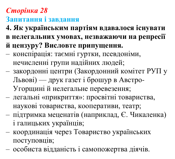Сторінка 28, завдання 4 Відповідь до завдання 4 (с. 28, § 32) з історії: Україна і світ для 9 класу, Васильків 2026 ч.2: Українські політичні...
