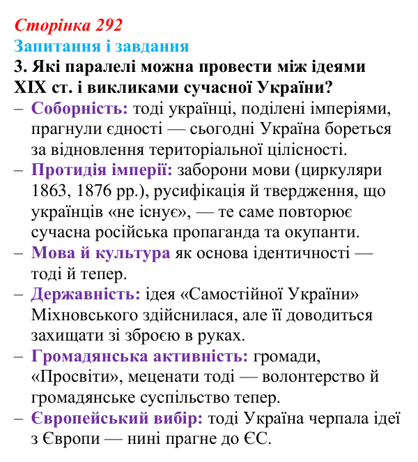 Відповідь до завдання 3 (с. 292, § 55) з історії: Україна і світ для 9 класу, Васильків 2026 ч.2: Узагальнення. Практикум
