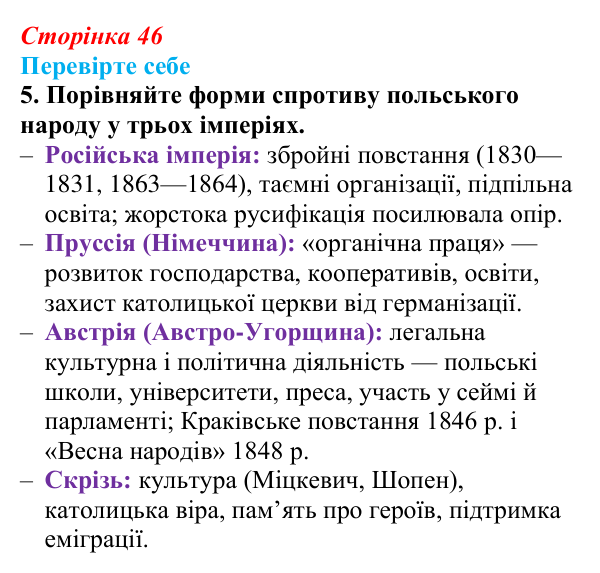 Відповідь до завдання 5 «Перевірте себе» (с. 46, § 34) з історії: Україна і світ для 9 класу, Васильків 2026 ч.2: Поляки...