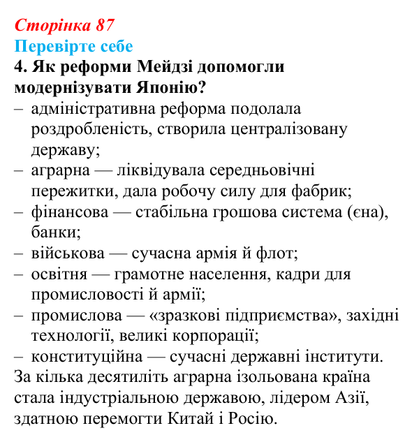 Сторінка 87, перевірте себе, завдання 4 Відповідь до завдання 4 «Перевірте себе» (с. 87, § 38) з історії: Україна і світ для 9 класу, Васильків 2026 ч.2: Японія...