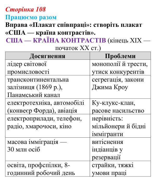 Відповідь до рубрики «Працюємо разом» § 12 (с. 108) з історії «Україна і світ» для 9 класу, Васильків 2026: США на шляху...