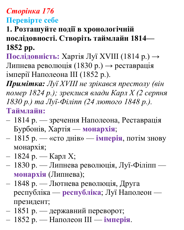 Сторінка 176, перевірте себе, завдання 1 Відповідь до завдання 1 («Перевірте себе») § 20 (с. 176) з історії «Україна і світ» для 9 класу, Васильків 2026: Франція...