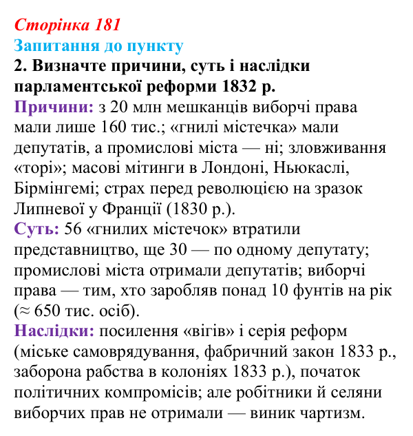 Відповідь до завдання 2 § 21 (с. 181) з історії «Україна і світ» для 9 класу, Васильків 2026: Британський парламентаризм