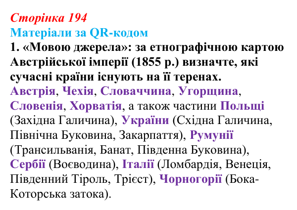 Сторінка 194, матеріали за QR, завдання 1 Відповідь до завдання 1 («Матеріали за QR-кодом») § 23 (с. 194) з історії «Україна і світ» для 9 класу, Васильків 2026
