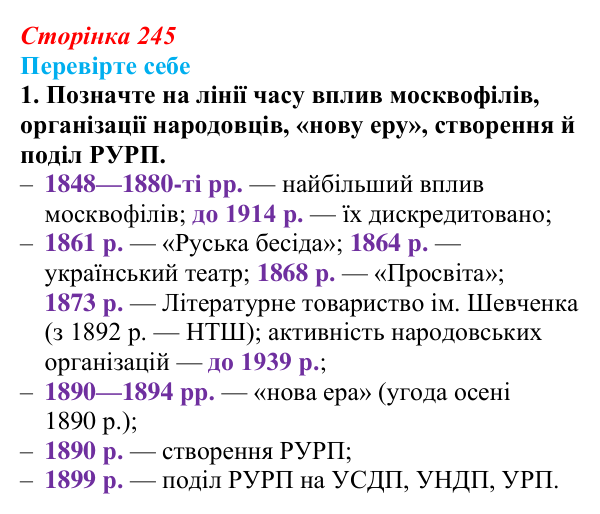Відповідь до завдання 1 («Перевірте себе») § 28 (с. 245) з історії «Україна і світ» для 9 класу, Васильків 2026