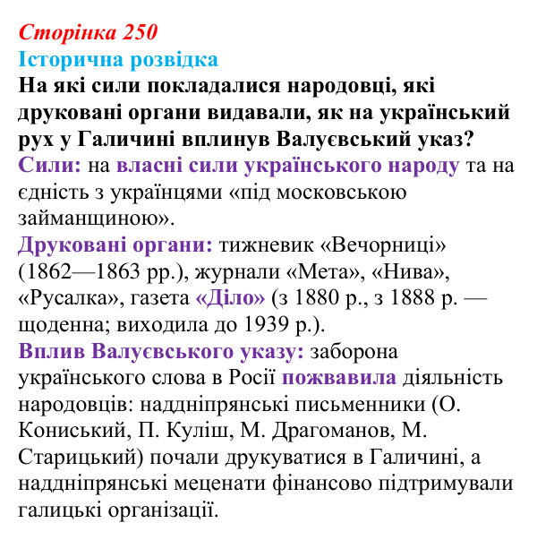 Відповідь до рубрики «Історична розвідка» § 29 (с. 250) з історії «Україна і світ» для 9 класу, Васильків 2026