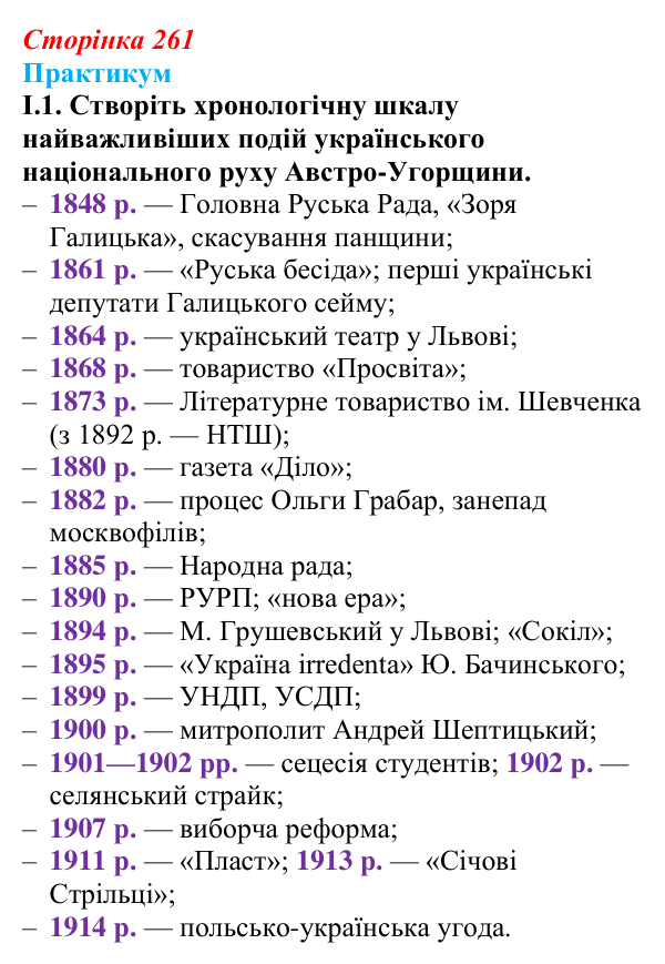 Сторінка 261, практикум, завдання I.1 Відповідь до завдання I.1 («Практикум») § 29 (с. 261) з історії «Україна і світ» для 9 класу, Васильків 2026: Український...