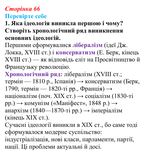 Сторінка 66, перевірте себе, завдання 1 Відповідь до завдання 1 («Перевірте себе») § 8 (с. 66) з історії «Україна і світ» для 9 класу, Васильків 2026: Формування...