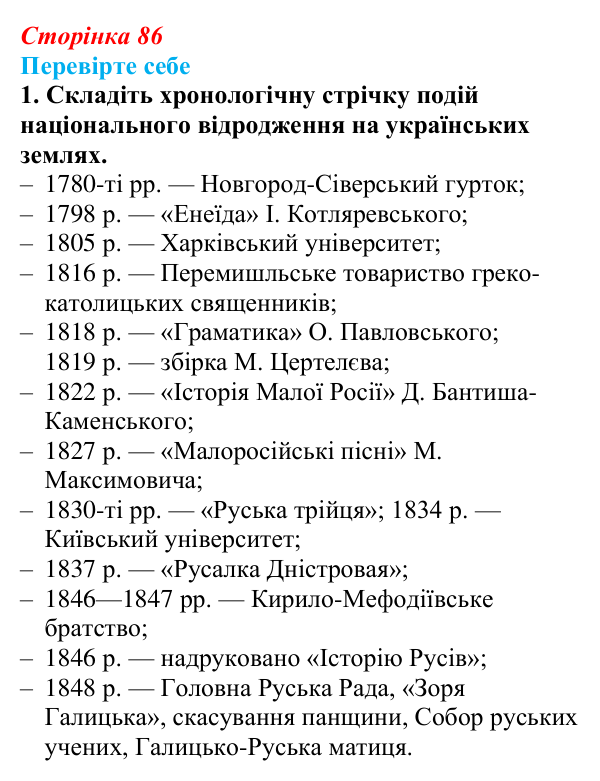 Сторінка 86, перевірте себе, завдання 1 Відповідь до завдання 1 («Перевірте себе») § 10 (с. 86) з історії «Україна і світ» для 9 класу, Васильків 2026