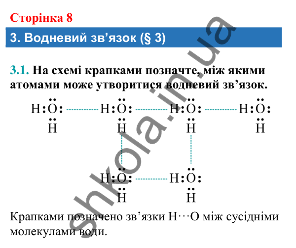 Відповідь до завдання 3.1 (с. 8) з хімії для 9 класу (Григорович, 2026): Водневий зв'язок