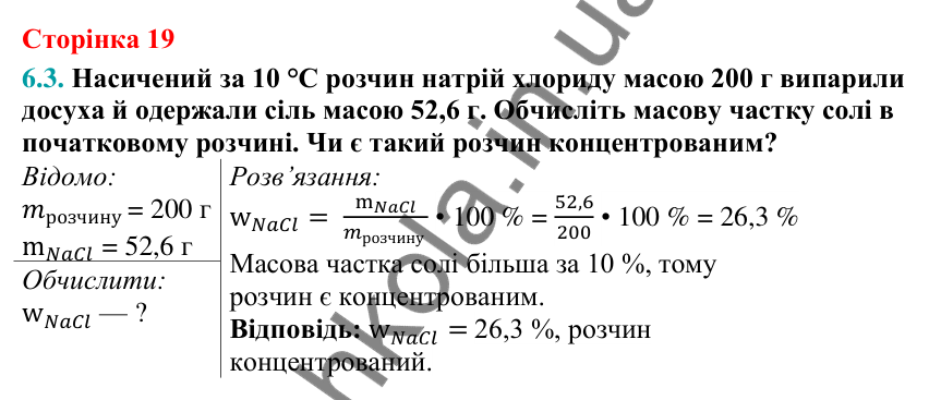 Відповідь до завдання 6.3 (с. 19) з хімії для 9 класу (Григорович, 2026): Масова частка розчиненої речовини