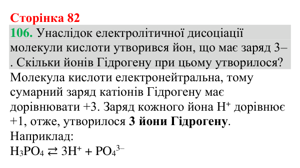Відповідь до завдання 106 (с. 82) з хімії для 9 класу (Григорович, 2026): Дисоціація кислот, основ і солей