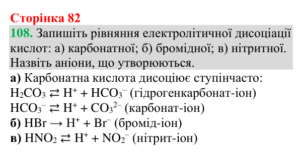Відповідь до завдання 108 (с. 82) з хімії для 9 класу (Григорович, 2026): Дисоціація кислот, основ і солей