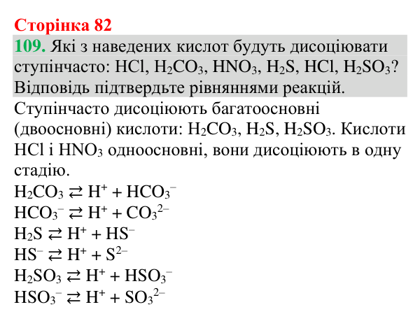 Відповідь до завдання 109 (с. 82) з хімії для 9 класу (Григорович, 2026): Дисоціація кислот, основ і солей