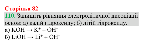Відповідь до завдання 110 (с. 82) з хімії для 9 класу (Григорович, 2026): Дисоціація кислот, основ і солей
