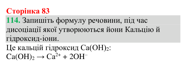 Відповідь до завдання 114 (с. 83) з хімії для 9 класу (Григорович, 2026): Дисоціація кислот, основ і солей