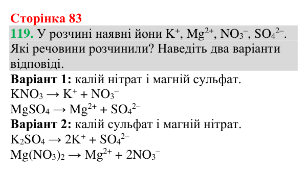 №119 Відповідь до завдання 119 (с. 83) з хімії для 9 класу (Григорович, 2026): Дисоціація кислот, основ і солей