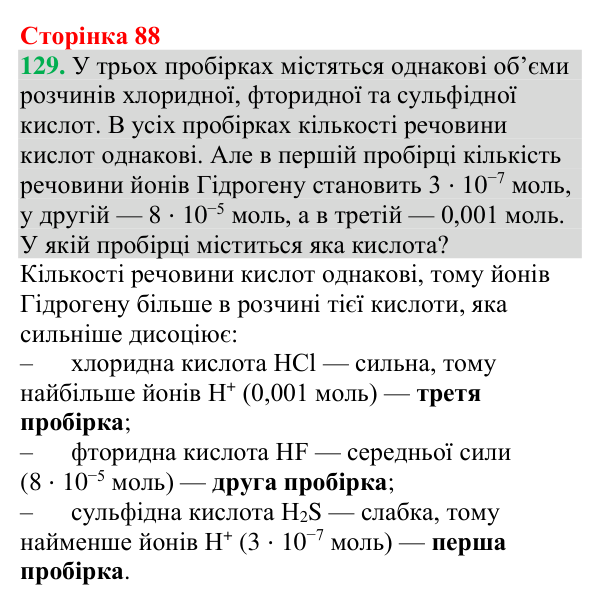 №129 Відповідь до завдання 129 (с. 88) з хімії для 9 класу (Григорович, 2026): Сильні та слабкі електроліти