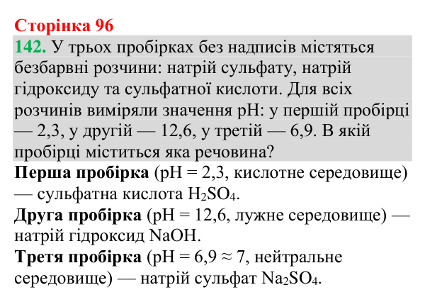 №142 Відповідь до завдання 142 (с. 96) з хімії для 9 класу (Григорович, 2026): Кислотність розчинів