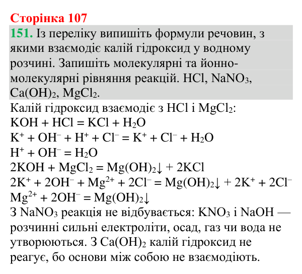 Відповідь до завдання 151 (с. 107) з хімії для 9 класу (Григорович, 2026): Реакції йонного обміну