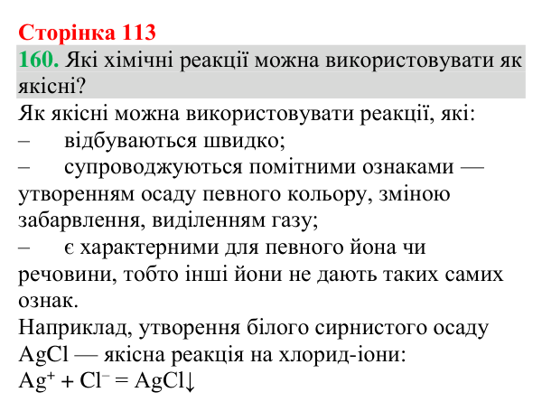 Відповідь до завдання 160 (с. 113) з хімії для 9 класу (Григорович, 2026): Виявлення йонів у водних розчинах