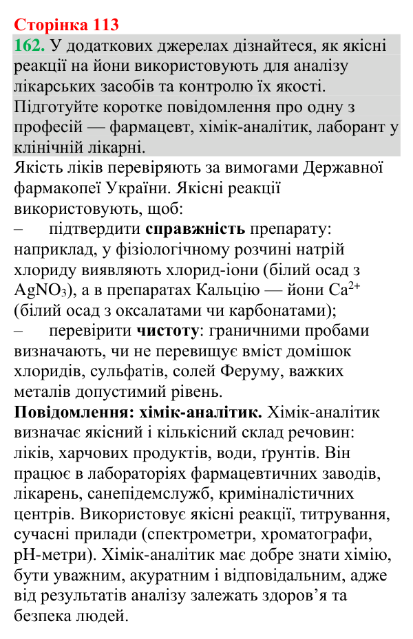 Відповідь до завдання 162 (с. 113) з хімії для 9 класу (Григорович, 2026): Виявлення йонів у водних розчинах