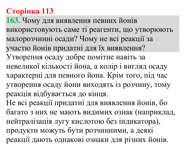 Відповідь до завдання 163 (с. 113) з хімії для 9 класу (Григорович, 2026): Виявлення йонів у водних розчинах
