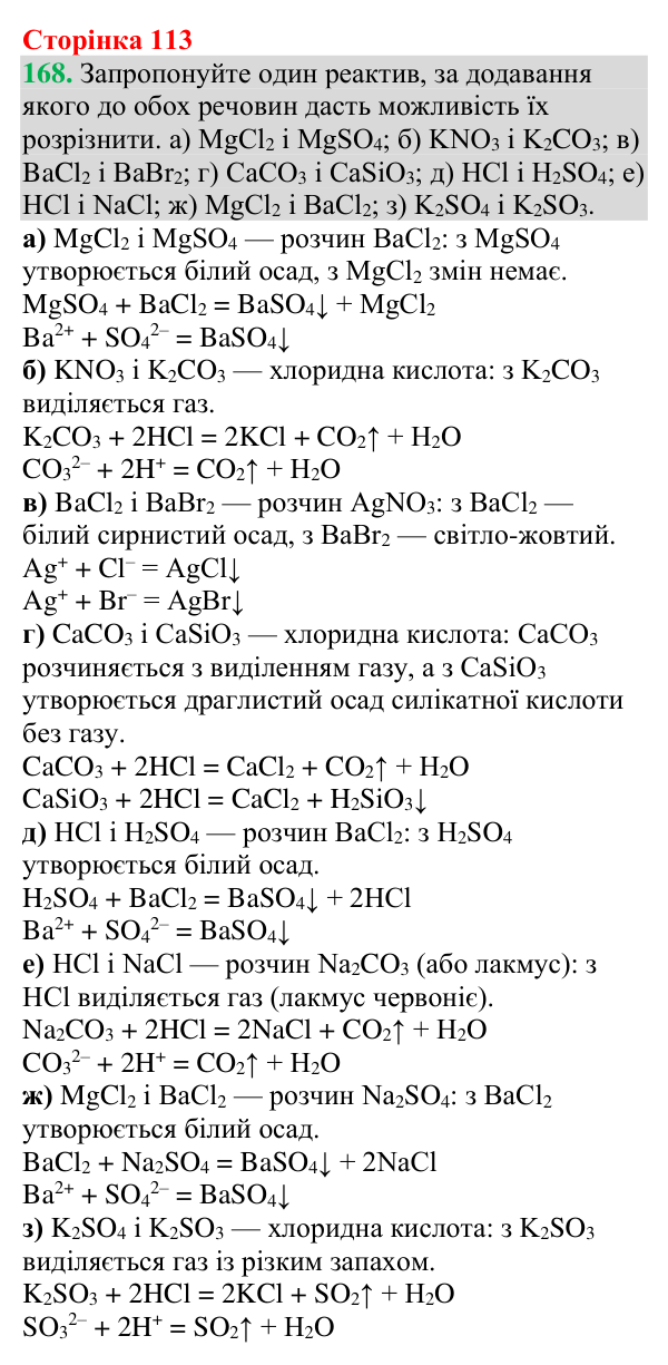 Відповідь до завдання 168 (с. 113) з хімії для 9 класу (Григорович, 2026): Виявлення йонів у водних розчинах